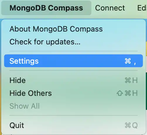 Settings window location under the MongoDB Compass system menu